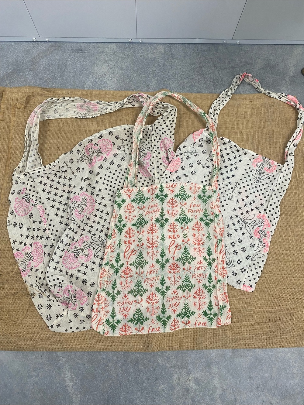 Free People Lot of 3 Lightweight Muslin Shopper Totes Different Prints & Sizes